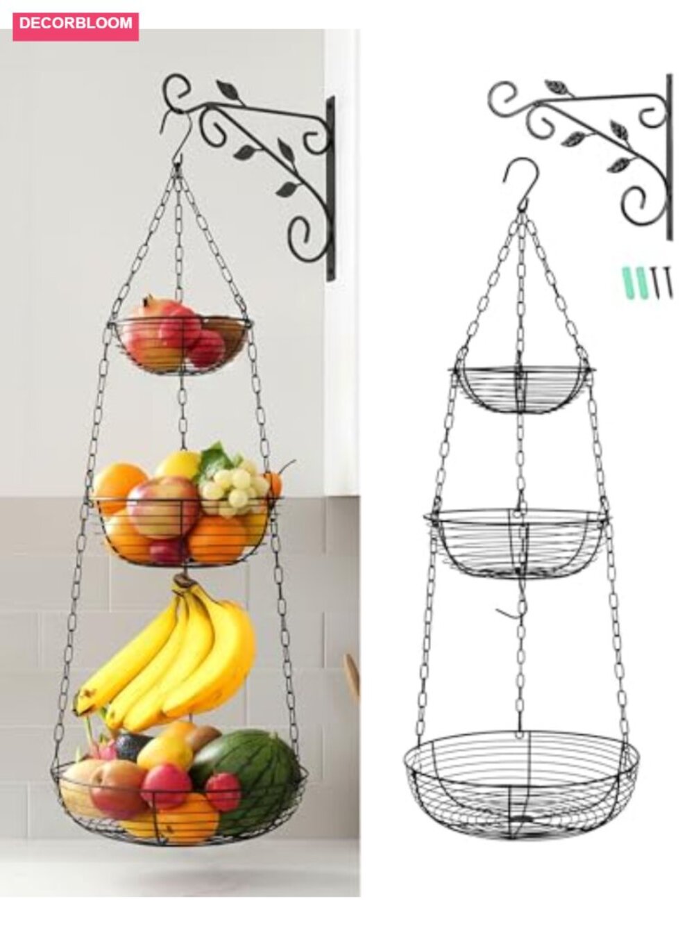 3-Tier Hanging Fruit Basket with Banana Hook - Heavy-Duty Wire Basket for